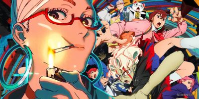 seiko from dan da dan holding up a lighter to her mouth with a key visual for the anime featuring the main cast in the background 1 - Dan Da Dan UK Shop